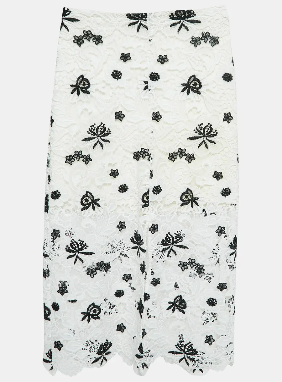 Alice + Olivia White Floral Pattern Lace Midi Skirt M