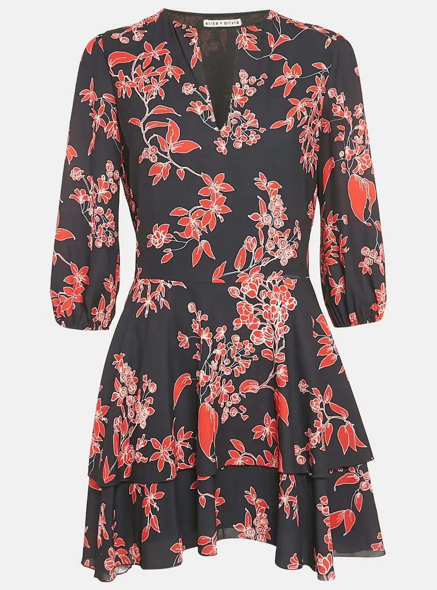 Alice + Olivia Black Floral Print Chiffon Short Dress M