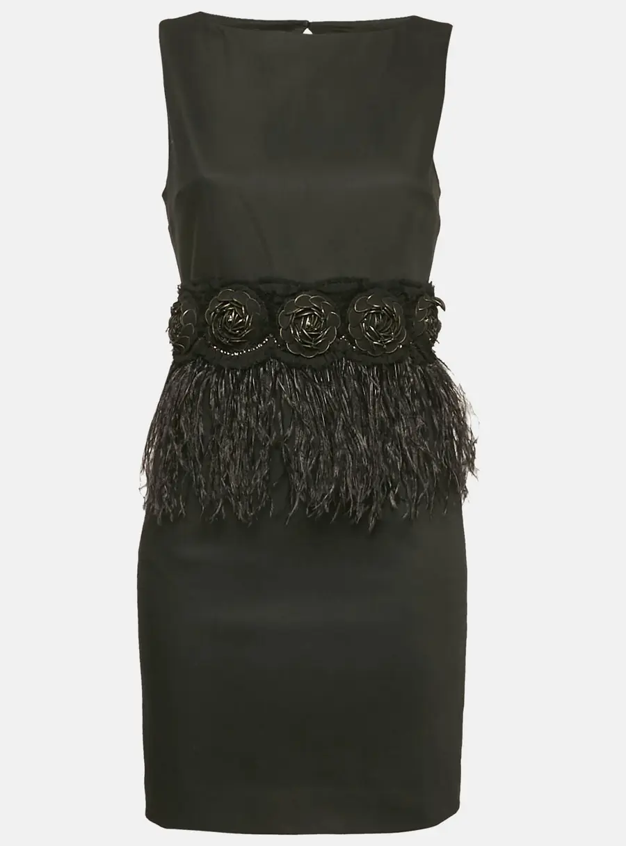 Alice + Olivia Black Feather Trim Crepe Marigay Rosette Peplum Dress S