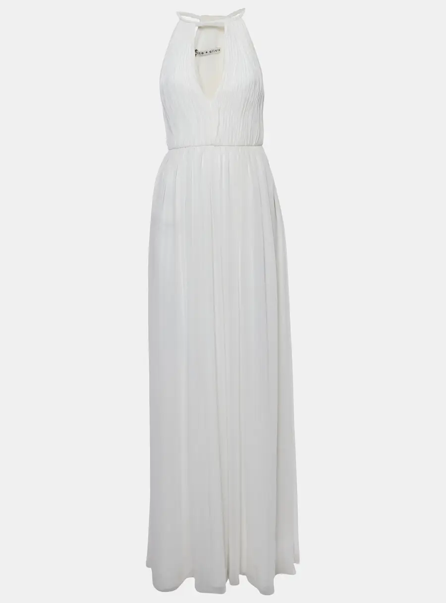 Alice + Olivia Off White Plisse Chiffon Naomi Maxi Dress S