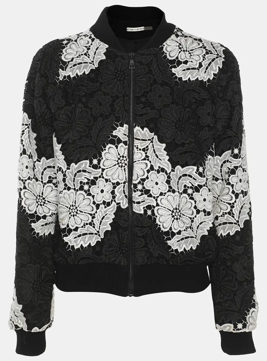 Alice + Olivia Black/White Floral Lace Bomber Jacket XS
