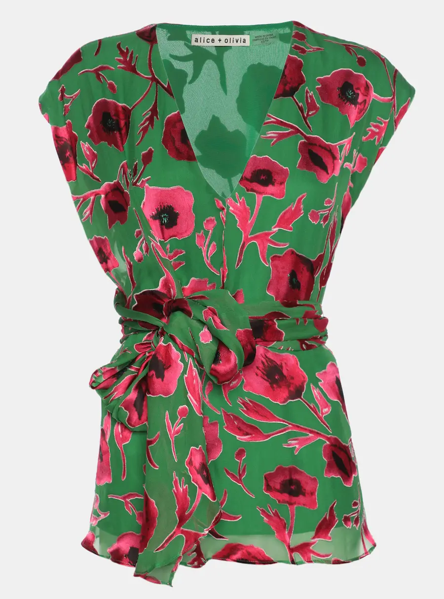Alice + Olivia Green/Pink Poppy Print Silk Blend Essie Wrap Top XS