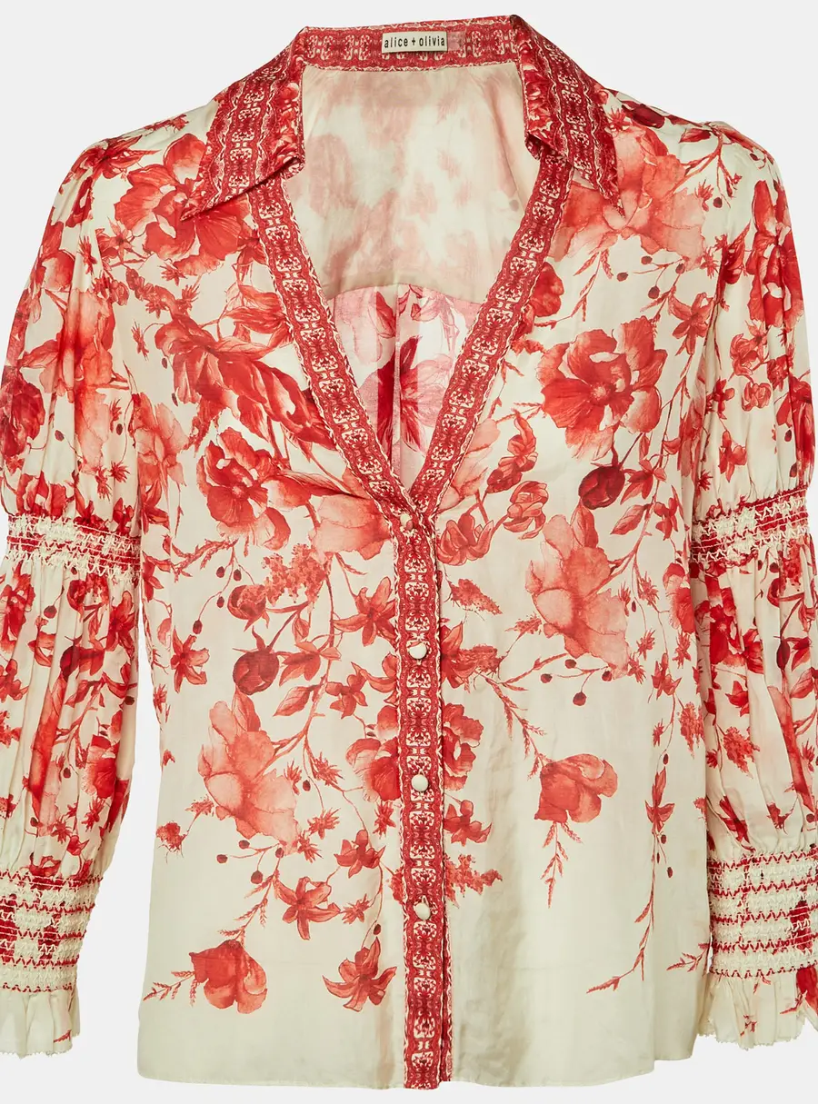 Alice + Olivia Red Printed Cotton & Silk Button Front Blouse M