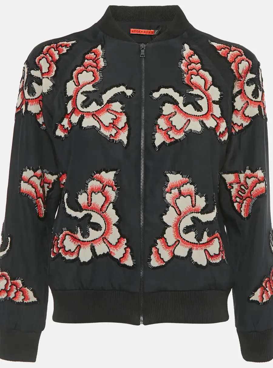 Alice + Olivia Black Embellished Silk Zip-Up Bomber Jacket XS