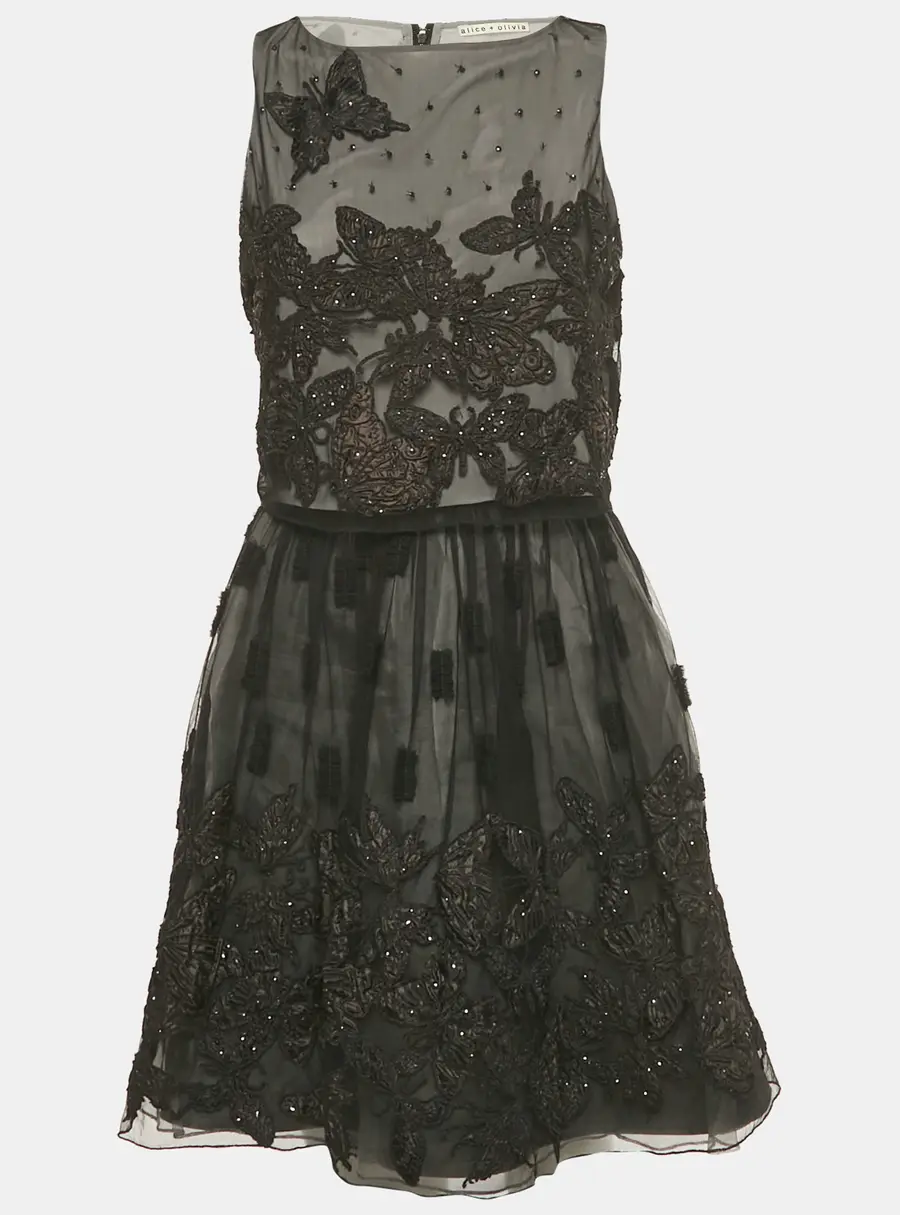 Alice + Olivia Black Embroidered Embellished Mesh Top & Skirt Set S