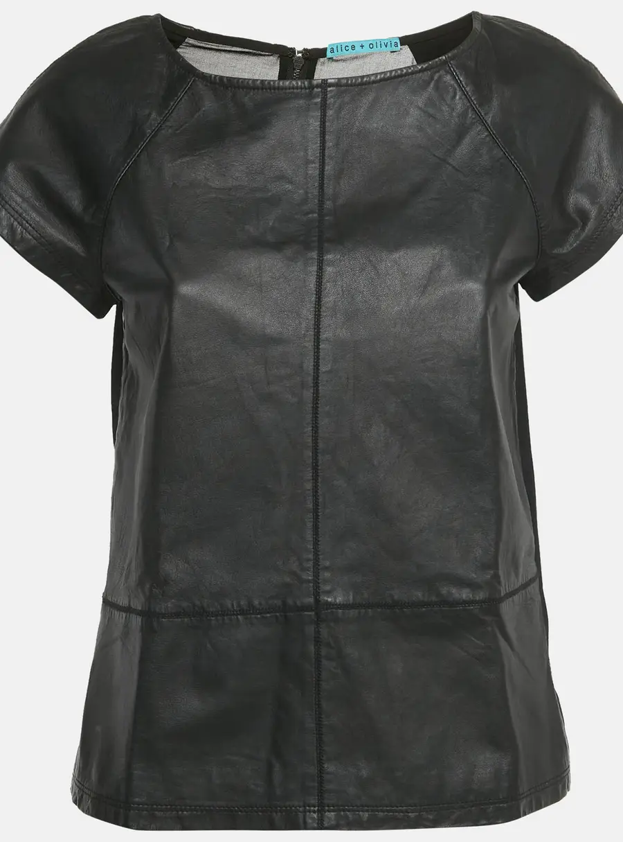 Alice + Olivia Black Leather and Chiffon Top M
