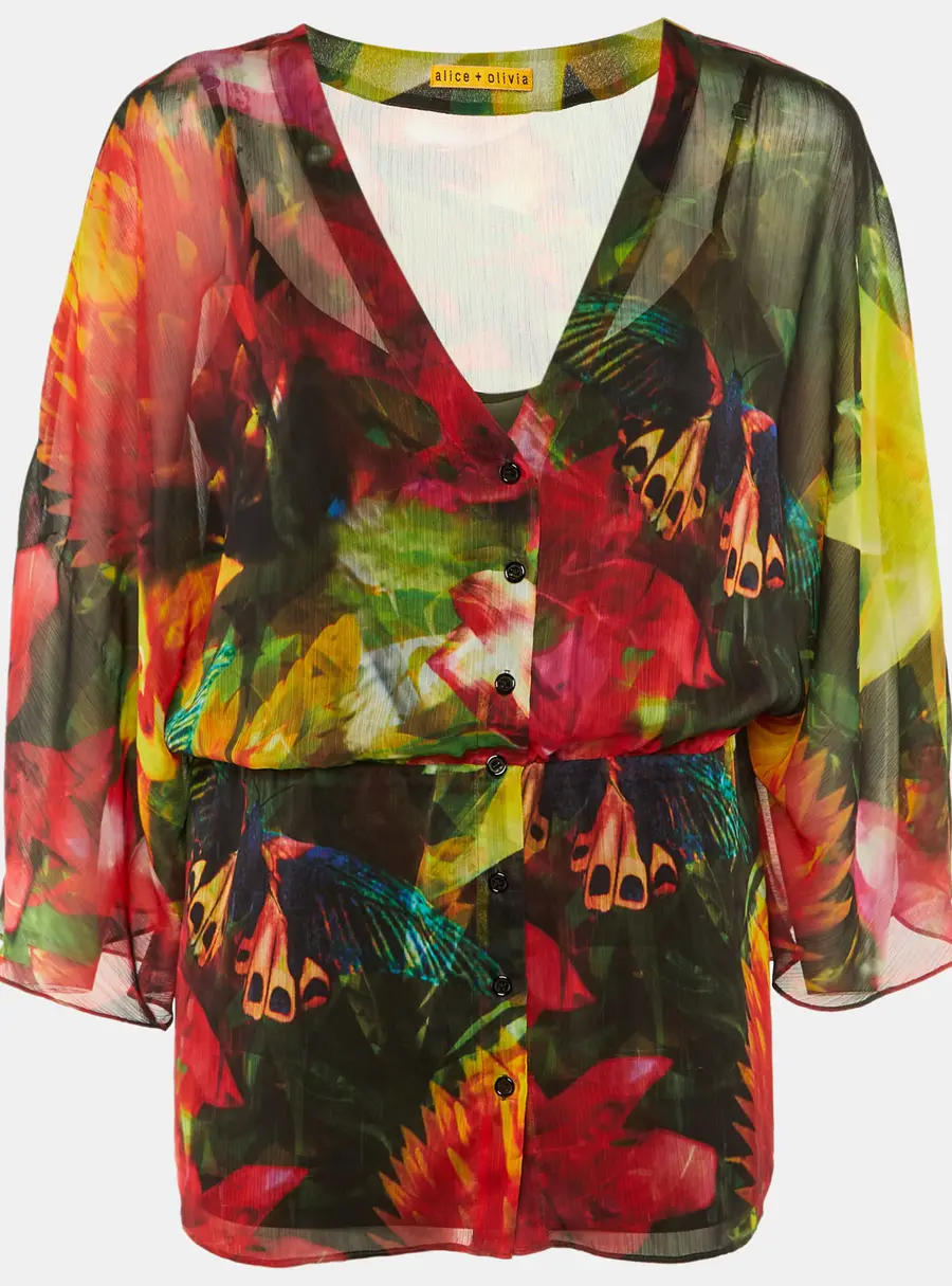 Alice + Olivia Multicolor Floral Butterfly Print Crepe Top M