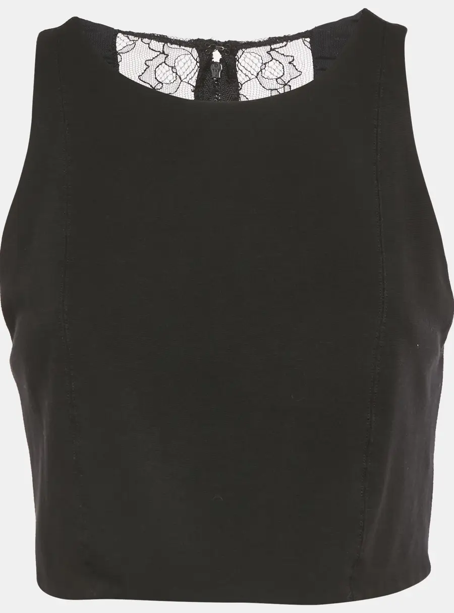 Alice + Olivia Black Lace Trim Jersey Zip-Up Crop Top M