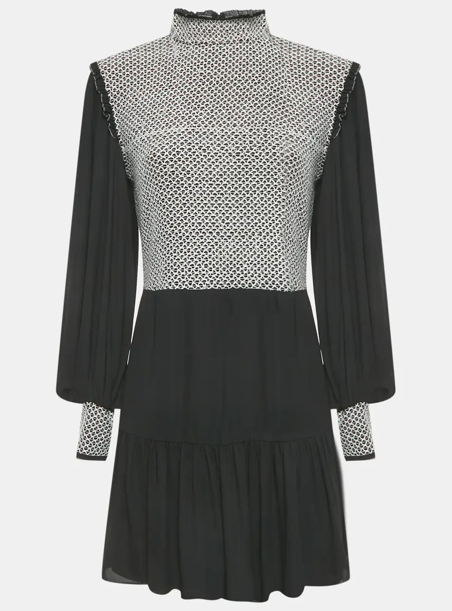 Alice + Olivia Black Embroidered Detail Crepe Elvira Tiered Mini Dress M