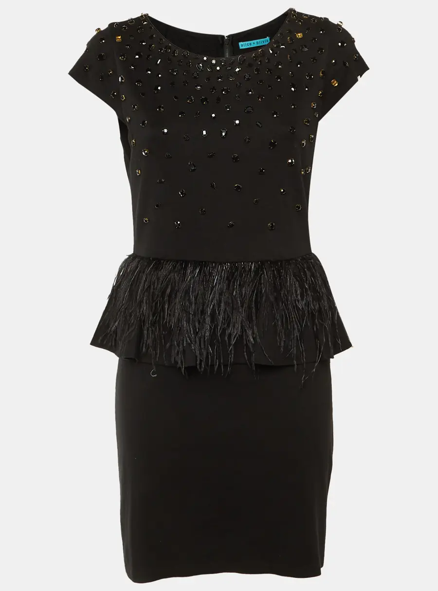 Alice + Olivia Black Embellished Jersey Feather Detail Peplum Mini Dress M