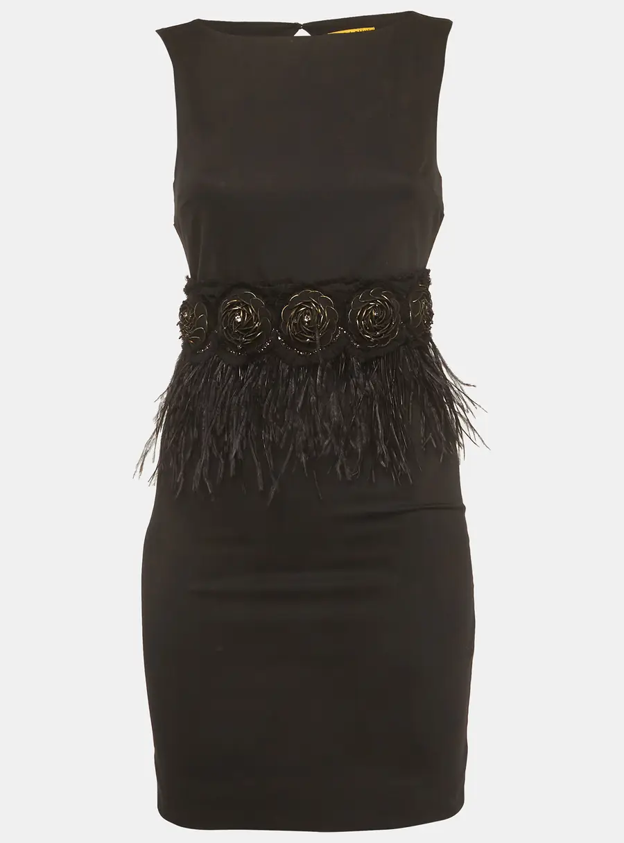 Alice + Olivia Black Feather Trim Crepe Marigay Rosette Mini Dress XS