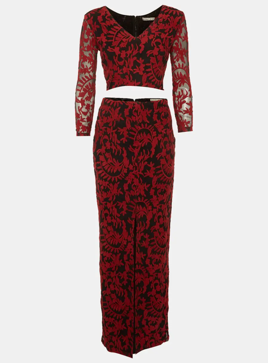 Alice + Olivia Black/Red Tulle Embroidered Top and Skirt Set S
