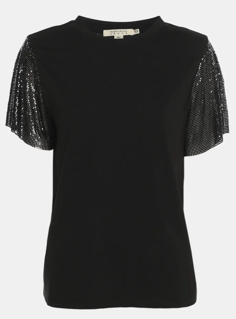 Alice + Olivia Black Jersey Metal Mesh Sleeve Top  S