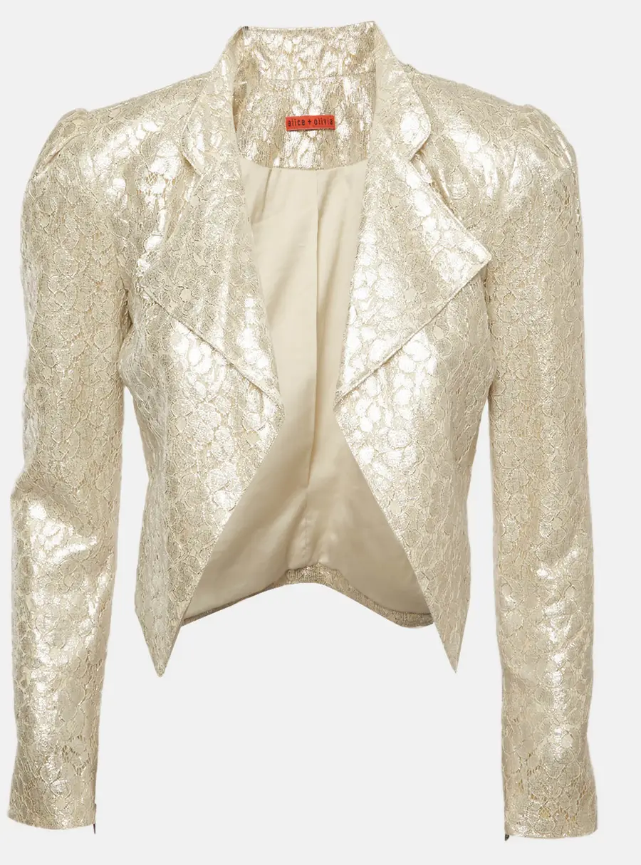 Alice + Olivia Cream Metallic Lace Open Front Crop Jacket M