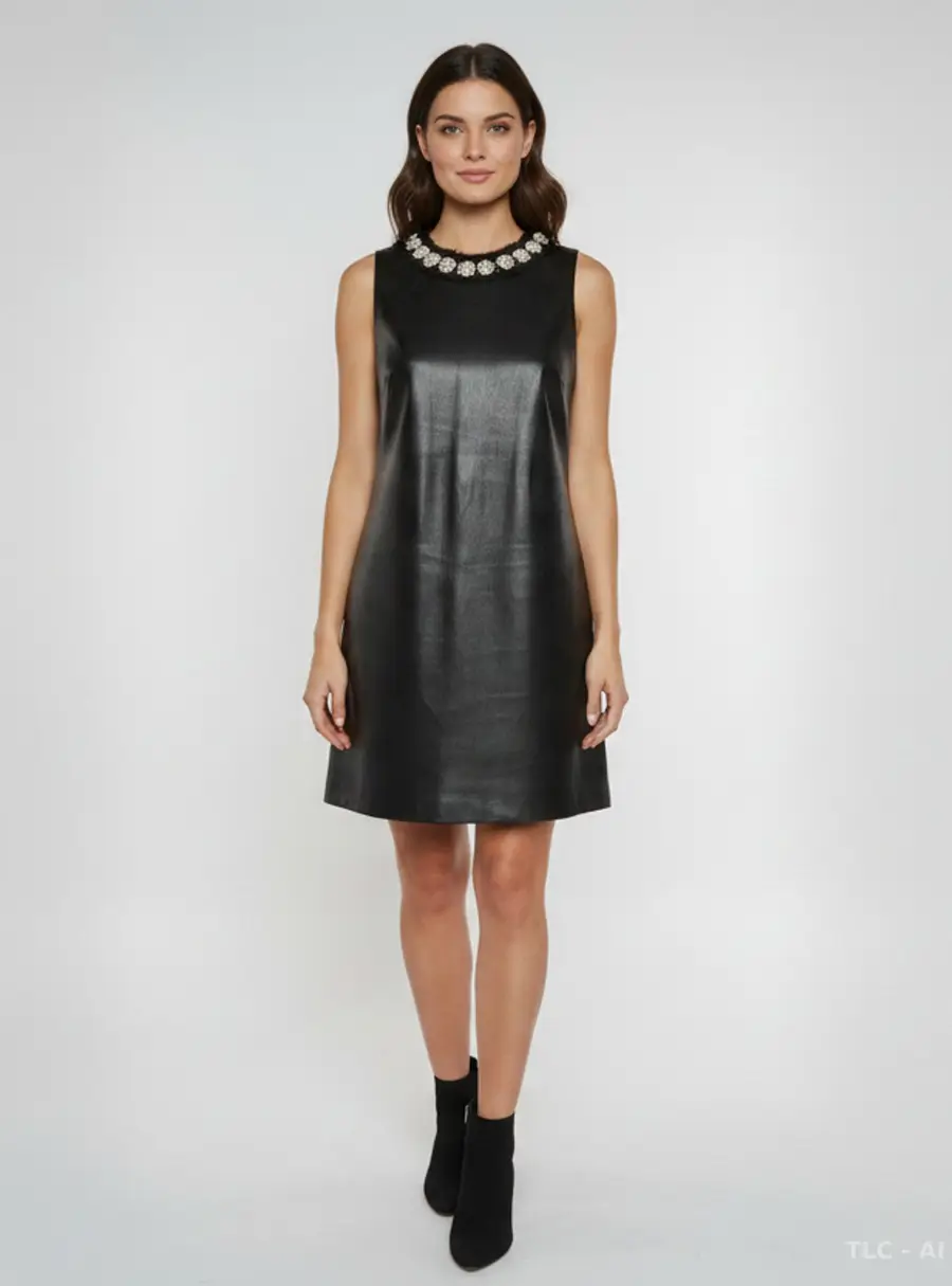 Alice + Olivia Black Leather Pearl Embellished Coley Mini Dress M