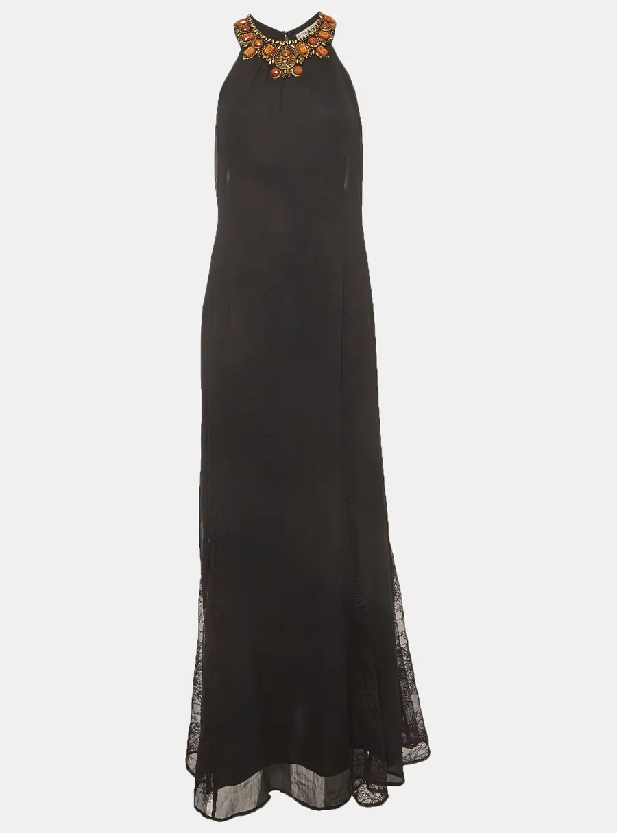 Alice + Olivia Black Embellished Chiffon & Lace Halter Neck Long Dress S