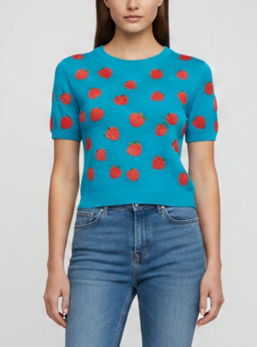 Alice + Olivia Blue Strawberry Embroidered Knit Ciara Cropped Top S