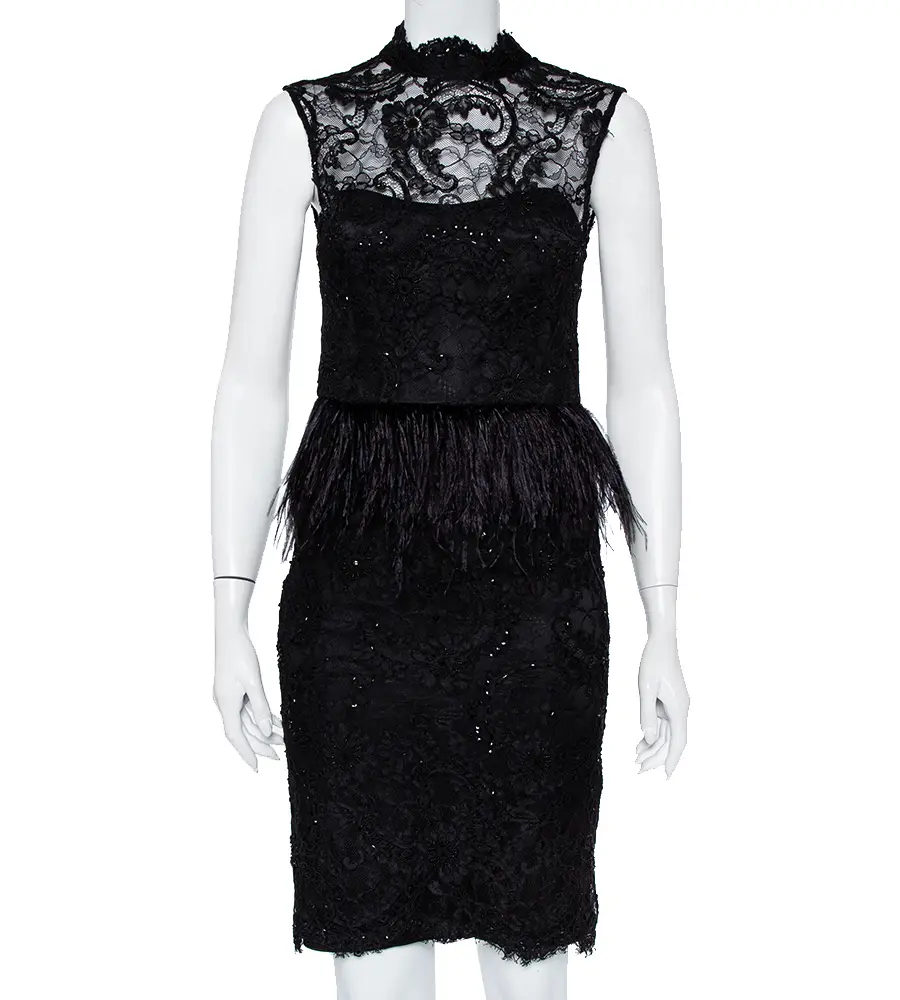 Alice + Olivia Black Embellished Lace & Feather Trim Patricia Peplum Dress S