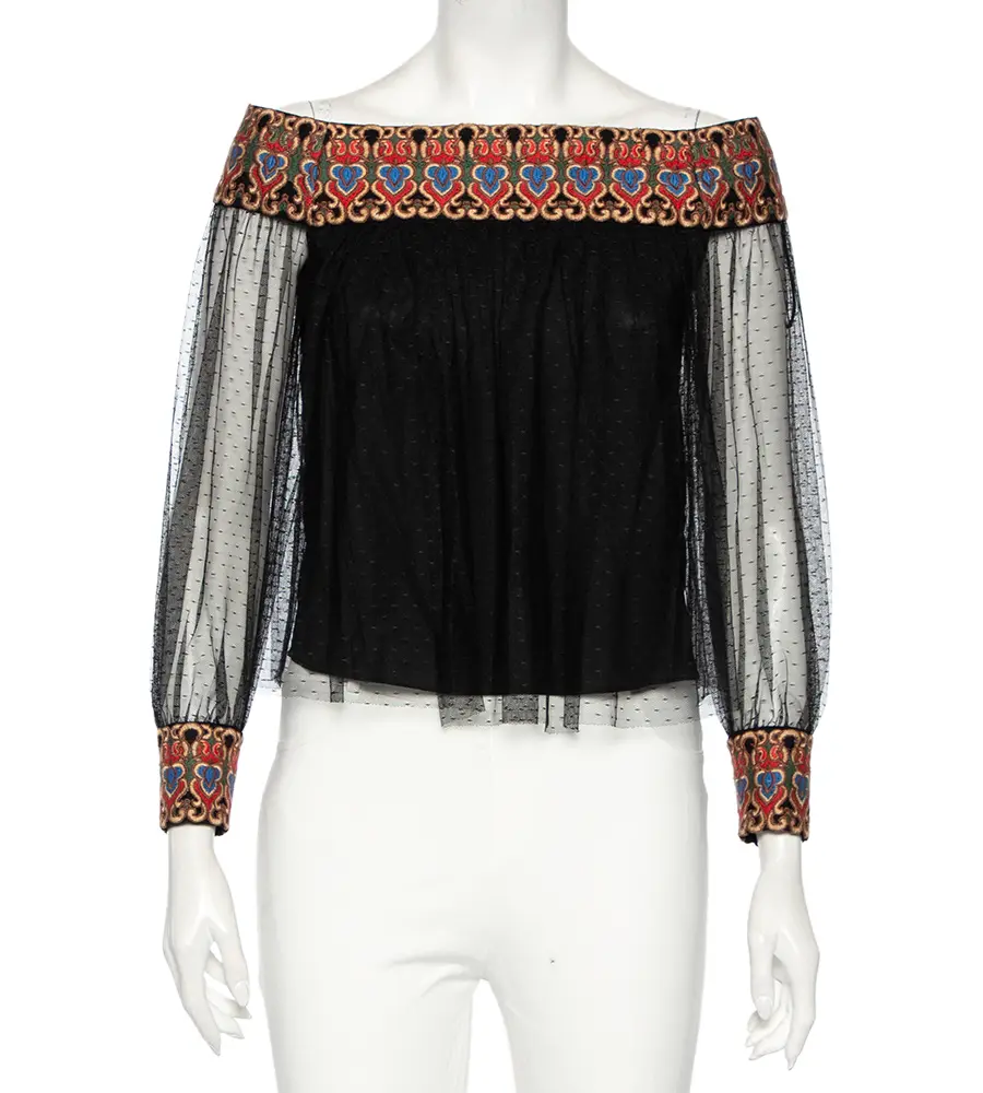 Alice + Olivia Black Embroidered Tulle Off-Shoulder Blouse XS