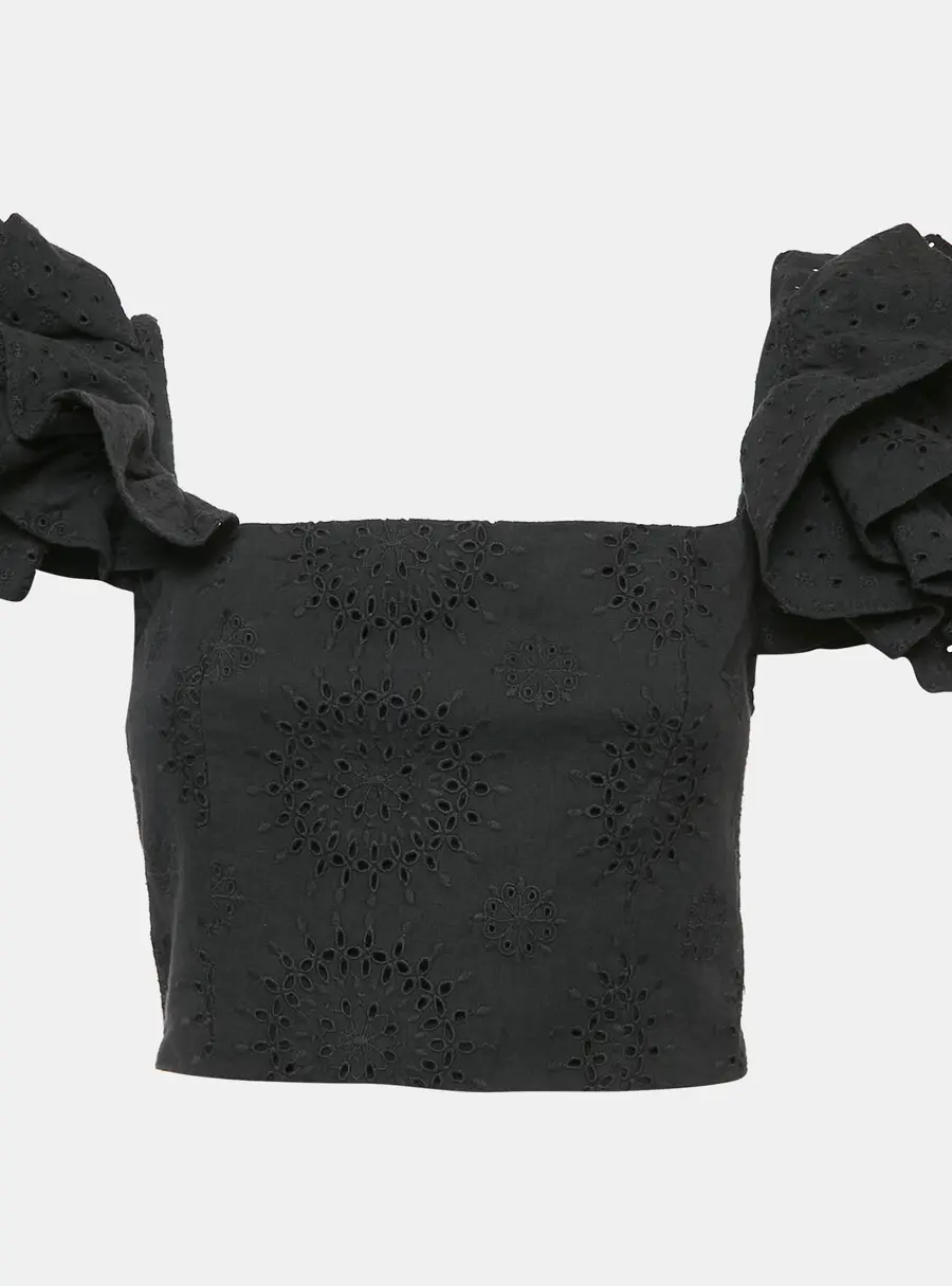 Alice + Olivia Black Broderie-Anglaise Tawny Ruffled Crop Top S