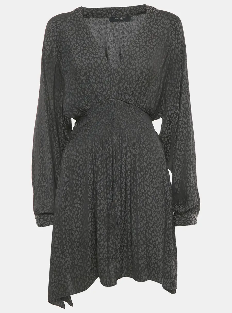 All Saints Grey Nichola Leopard Print Crepe Mini Dress M