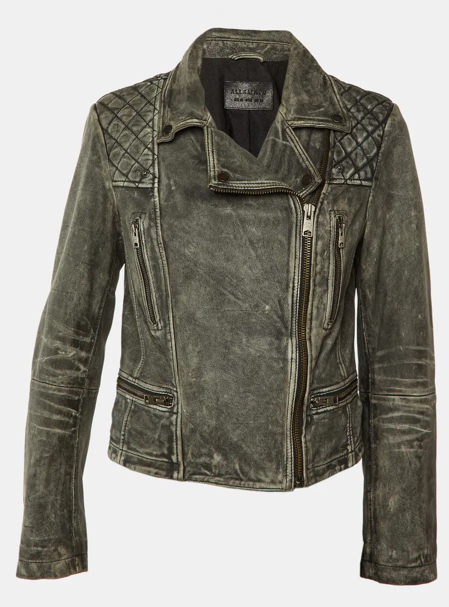 All Saints Vintage Grey Leather Cargo Biker Jacket M