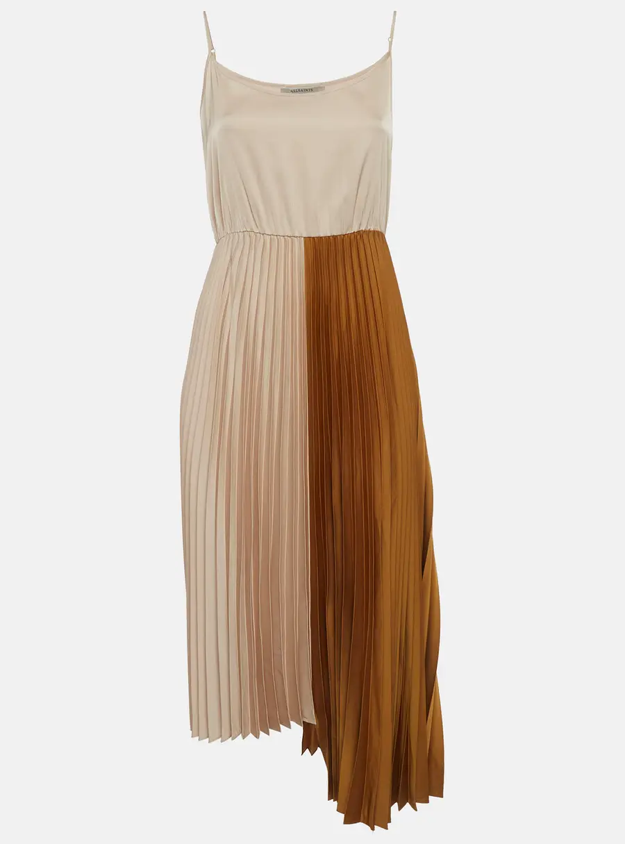 All Saints Beige/Gold Satin Asymmetric Jessie 2-in-1 Dress M