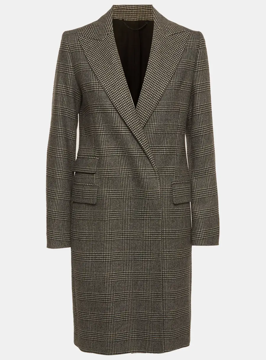 All Saints Grey Houndstooth Wool Blend Double Breasted Coat S