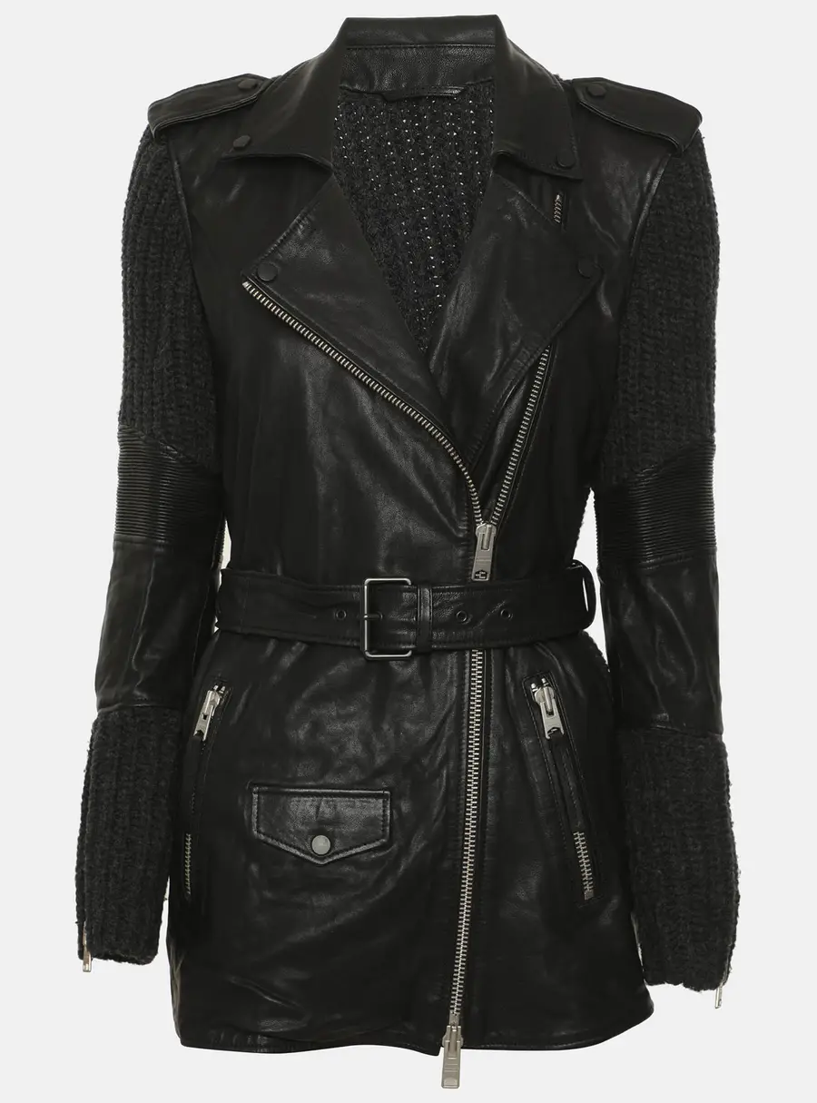 All Saints Black/Grey Rib Knit and Leather Belted Jacket L