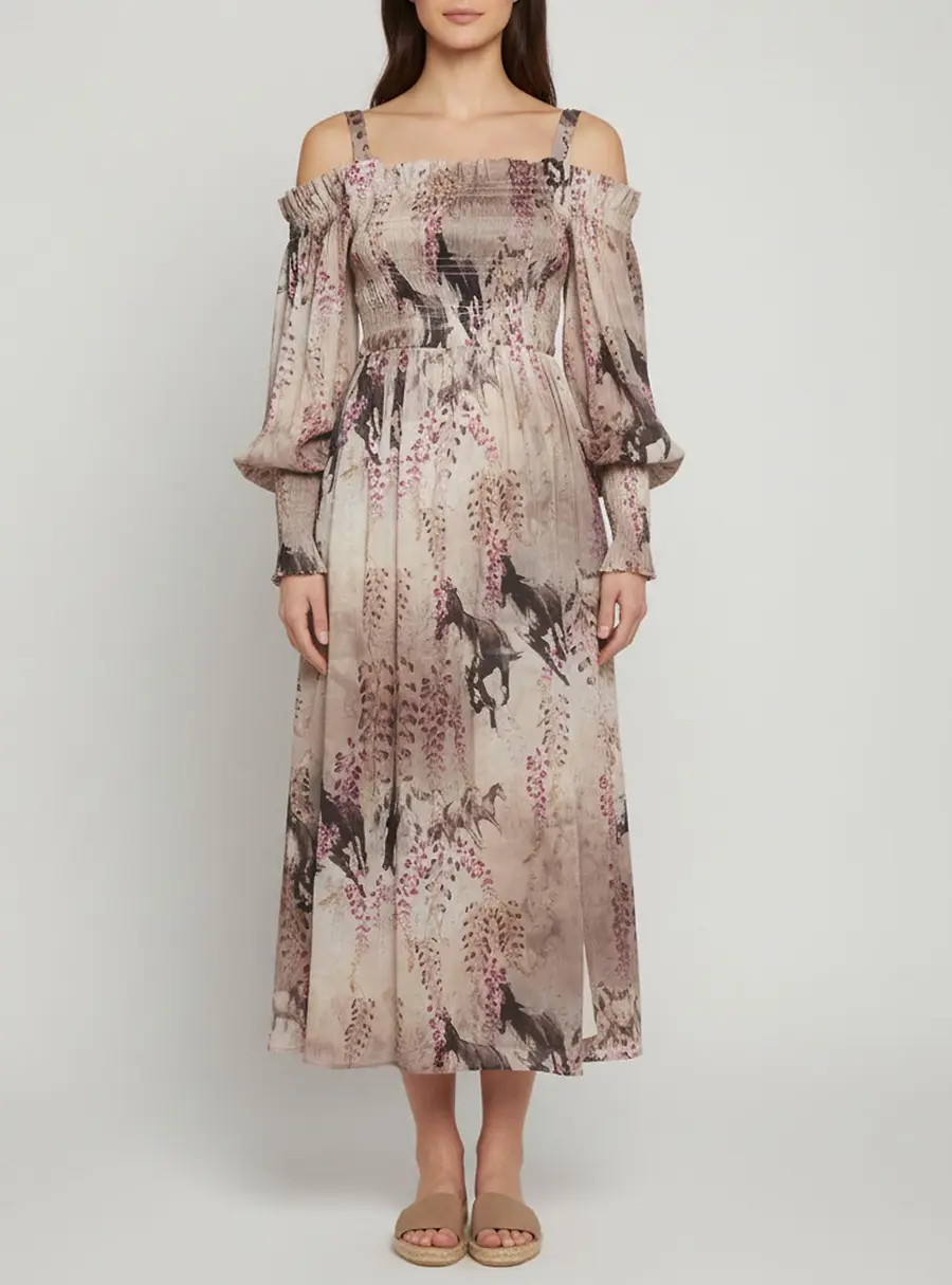 AllSaints Grey Floral Print Linen Blend Lary Dionne Midi Dress M