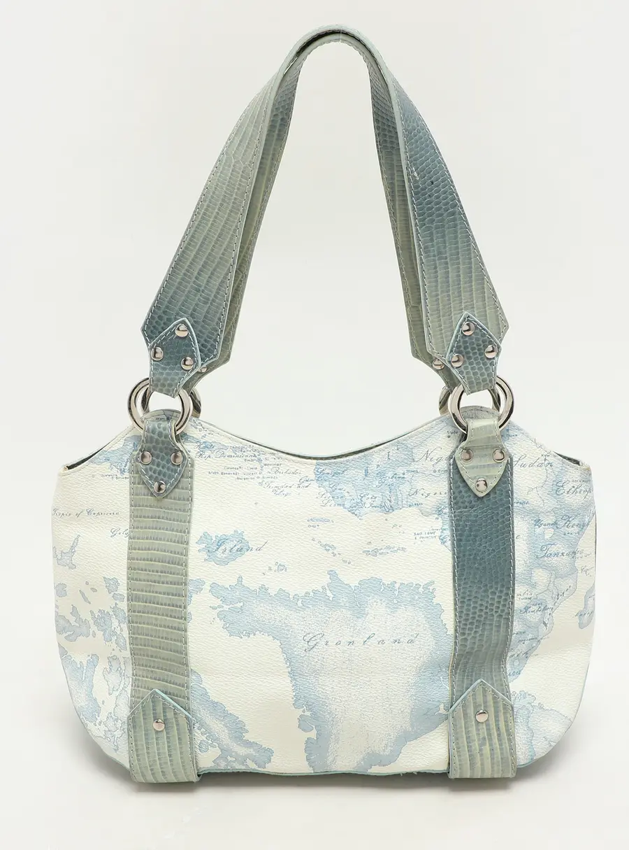 Alviero Martini 1A Classe Blue Coated Canvas and Lizard Embossed Leather Shoulder Bags