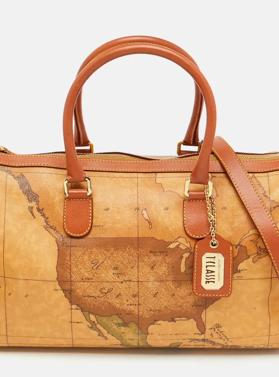 Alviero Martini 1A Classe Tan Geo Classic Print Coated Canvas and Leather Boston Bag