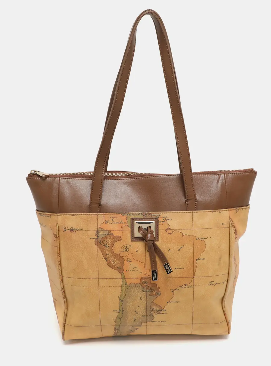 Alviero Martini 1A Classe Tan/Brown Geo Print Coated Canvas and Leather Tote