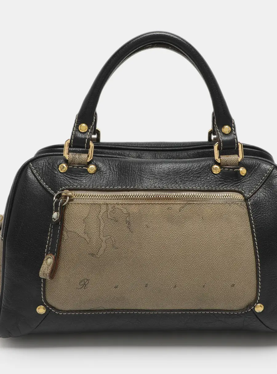 Alviero Martini 1A Classe Beige/Black Geo Print Coated Canvas and Leather Satchel