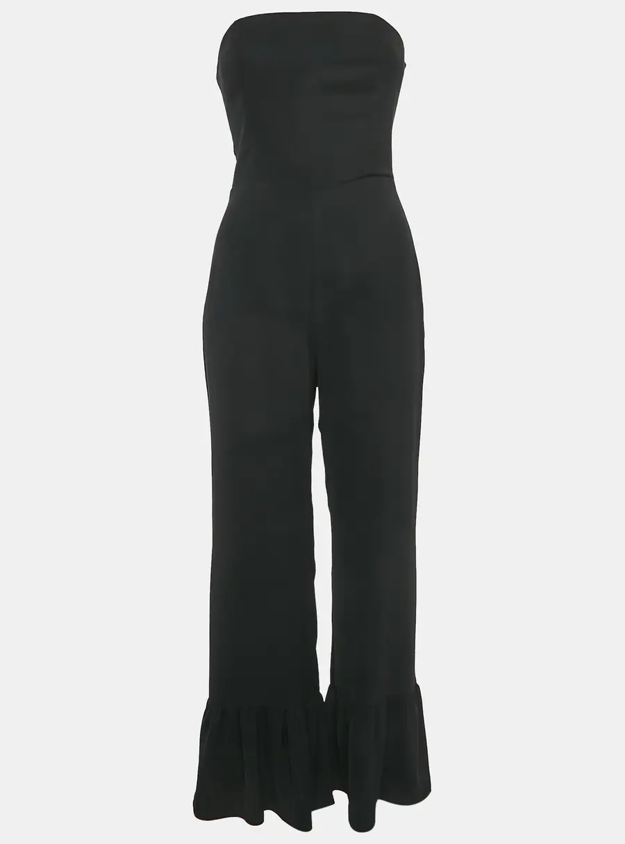 Amanda Uprichard Black Crepe Strapless Flounced Hem Jumpsuit S
