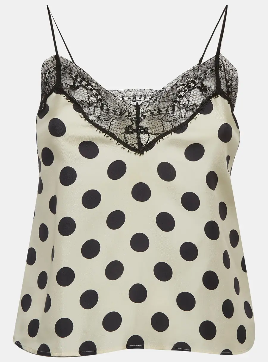 Ami Cream/Black Polka Dot Satin Lace Trim Cami Top XS