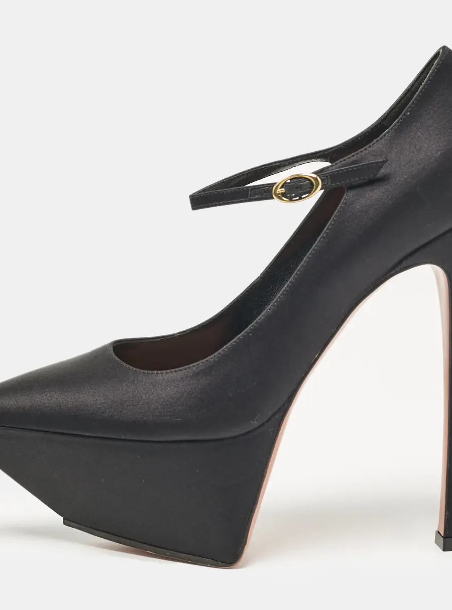 Amina Muaddi Black Satin Yigit Platform Pumps Size 39.5