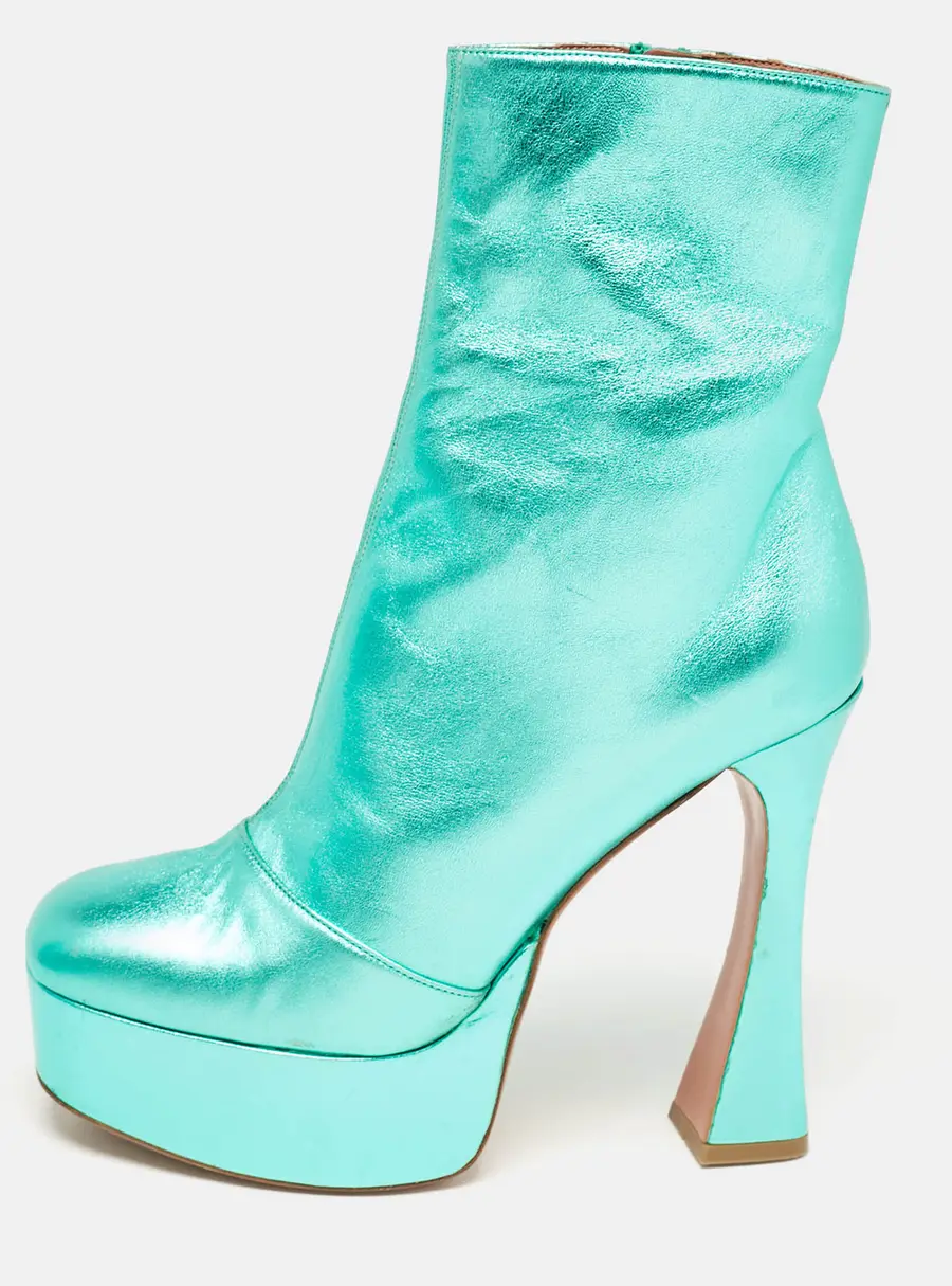 Amina Muaddi Metallic Green Leather Platform Ankle Boots Size 39