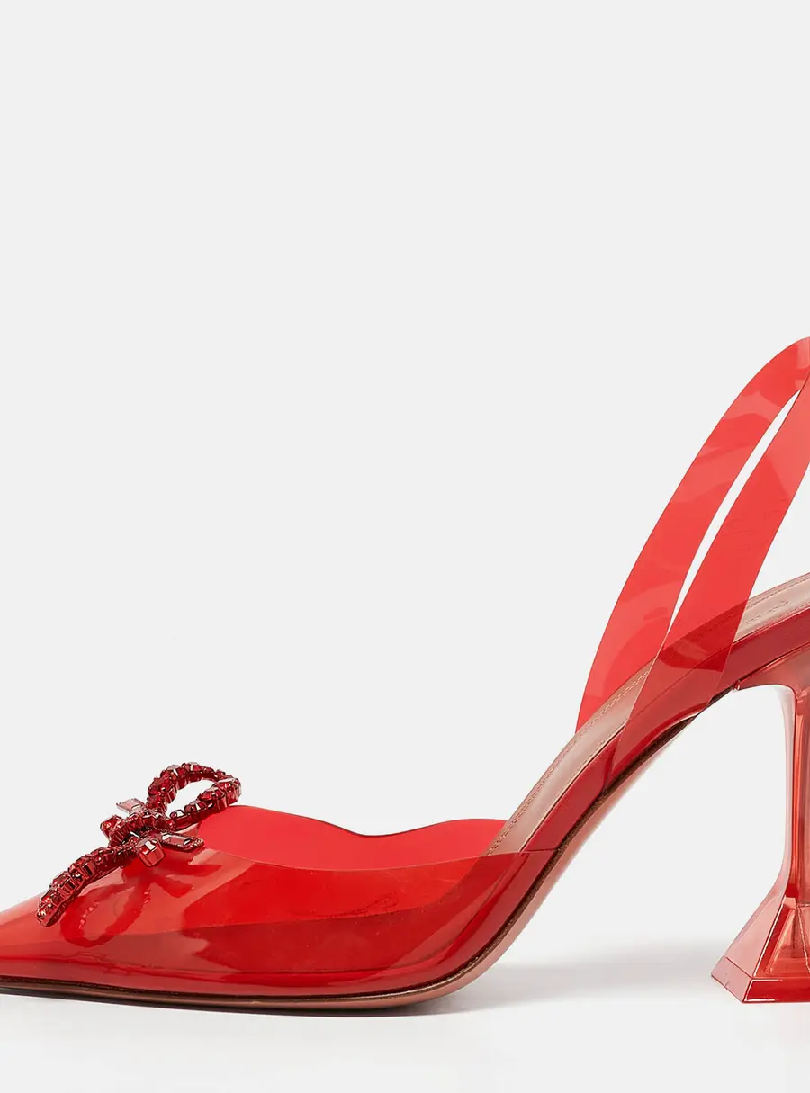 Amina Muaddi Red PVC Rosie Crystal Embellished Bow Slingback Pumps Size 39.5