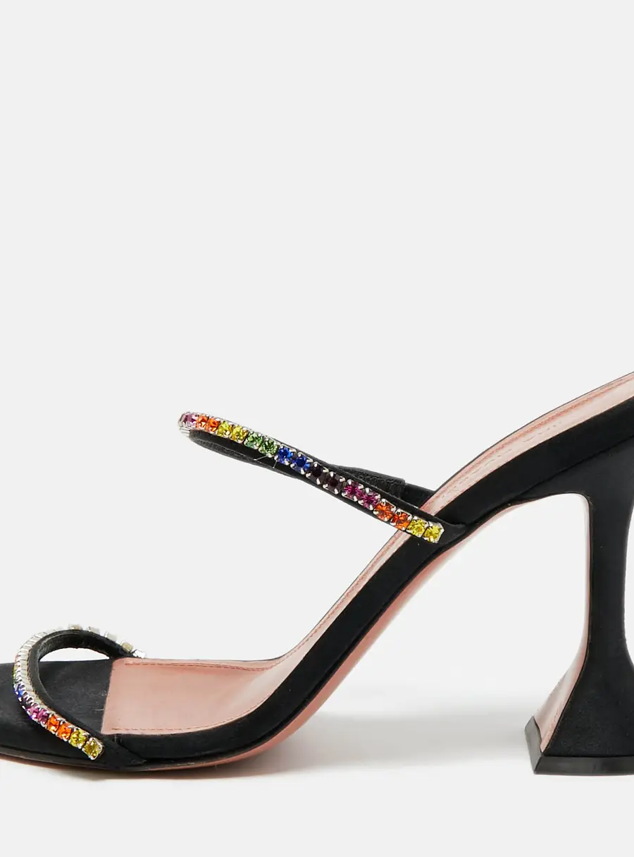 Amina Muaddi Black Crystal Embellished Satin Gilda Slide Sandals Size 38.5