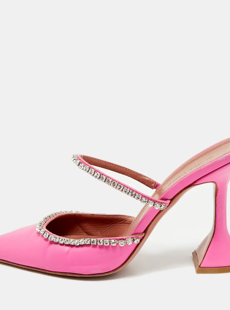 Amina Muaddi Pink Leather  Crystal Embellished Gilda Mules Size 36
