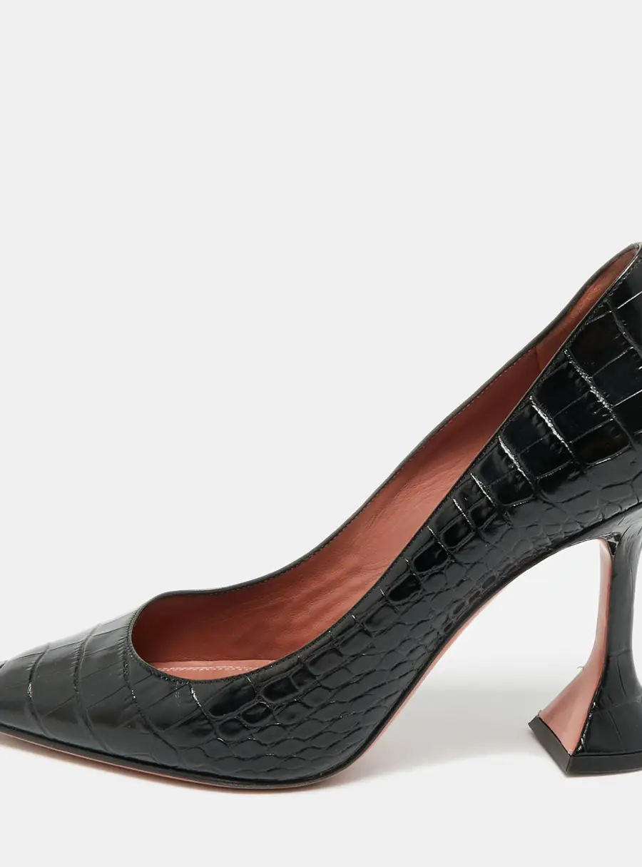 Amina Muaddi Ami Size 39.5 Black Croc Embossed Leather Pumps