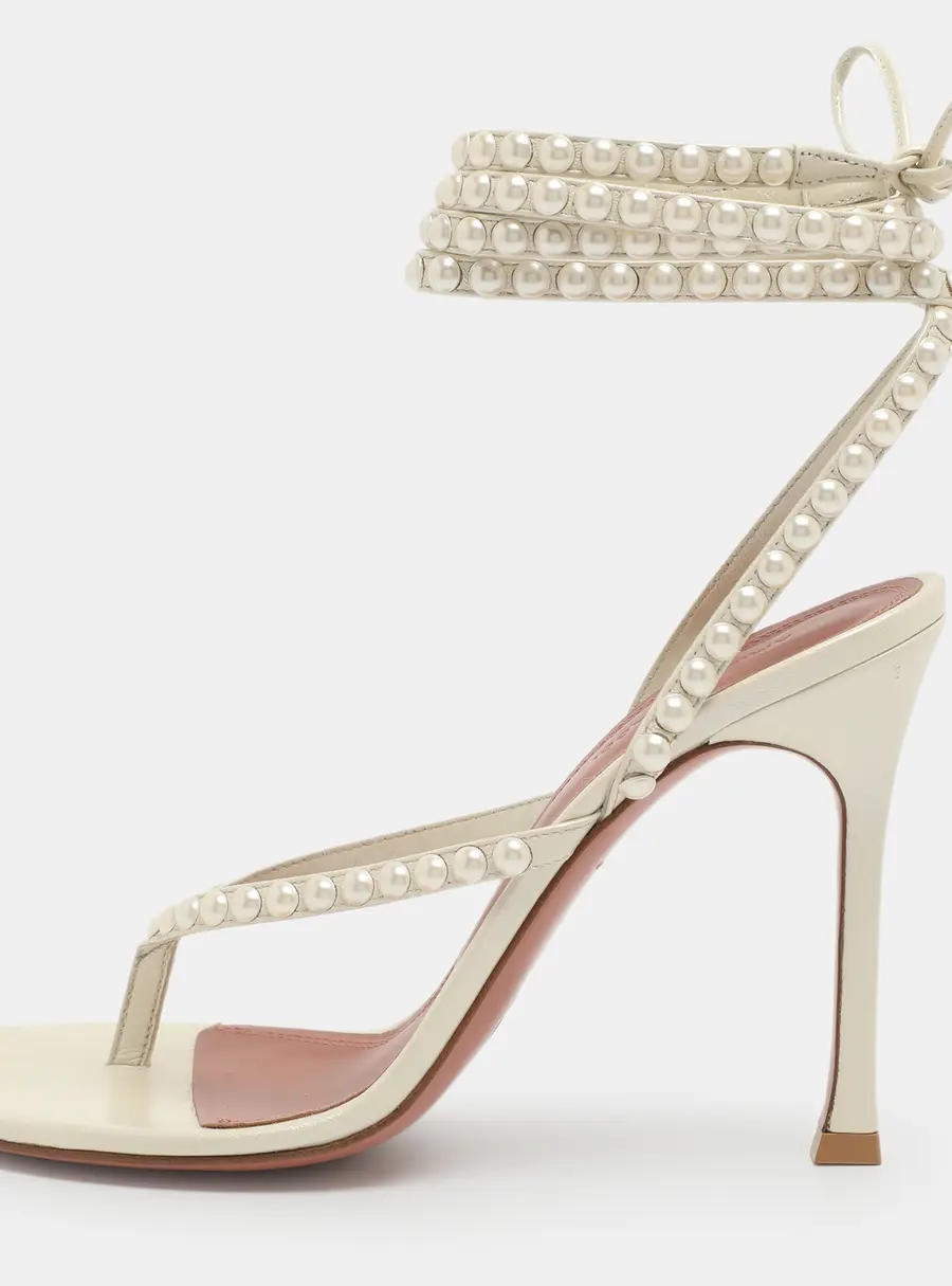 Amina Muaddi Size 38.5 White Leather Pearl Embellished Ankle Strap Sandals