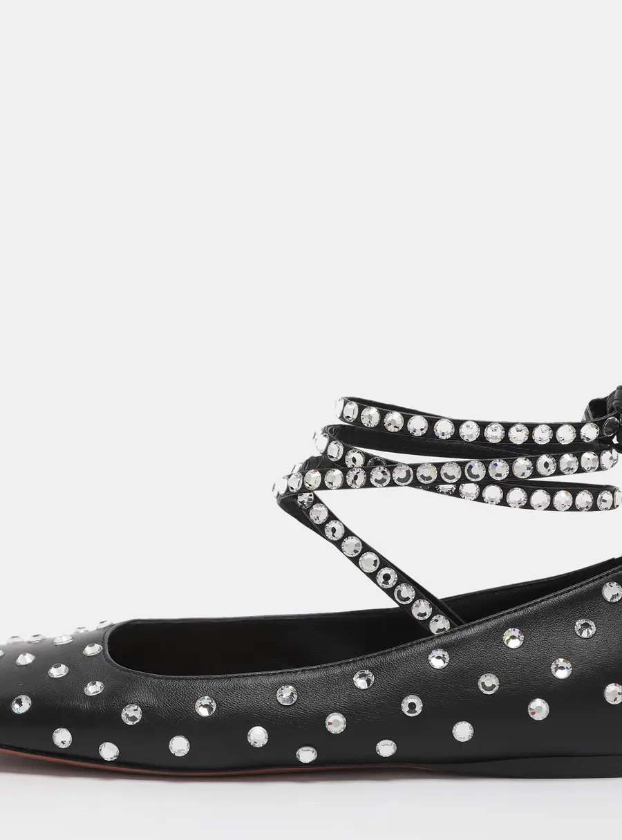 Amina Muaddi Ane Size 36.5 Black Leather Crystal Embellished Ankle Wrap Ballet Flats