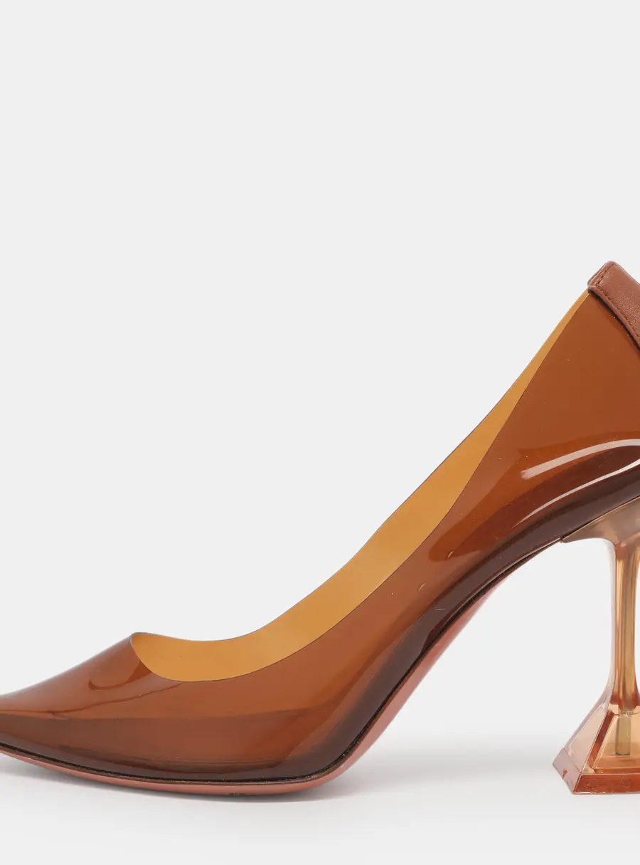 Amina Muaddi Ami Size 38.5 Brown PVC and Leather Pointed Toe Pumps