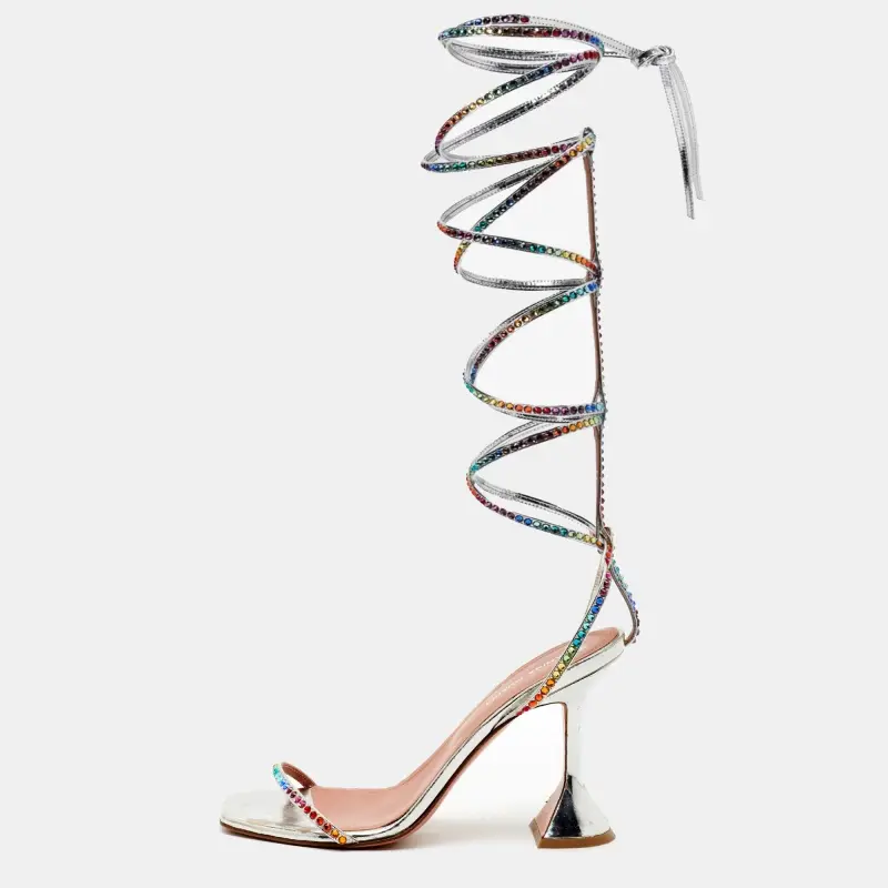 Amina Muaddi x AWGE LSD Size 37 Silver Leather Rainbow Crystal Embellished Gladiator Sandals