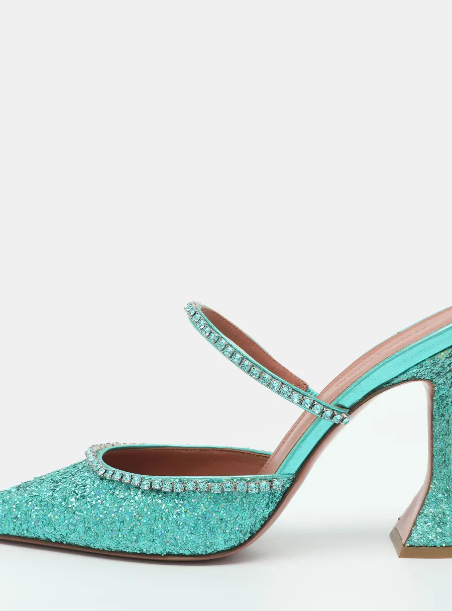 Amina Muaddi Gilda Size 38 Green Glitter Crystal Embellished Mules