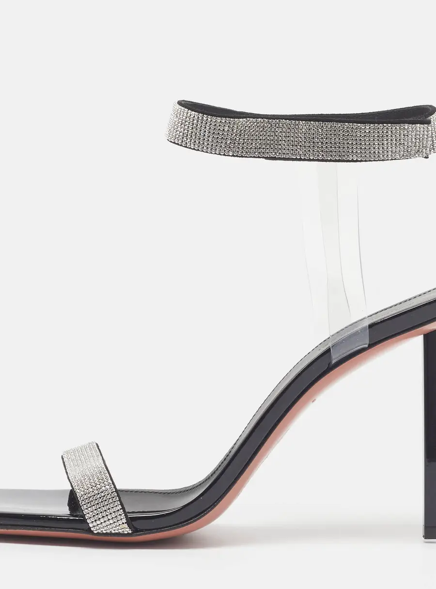 Amina Muaddi Rih Size 40 Black Crystals and PVC Ankle Strap Sandals