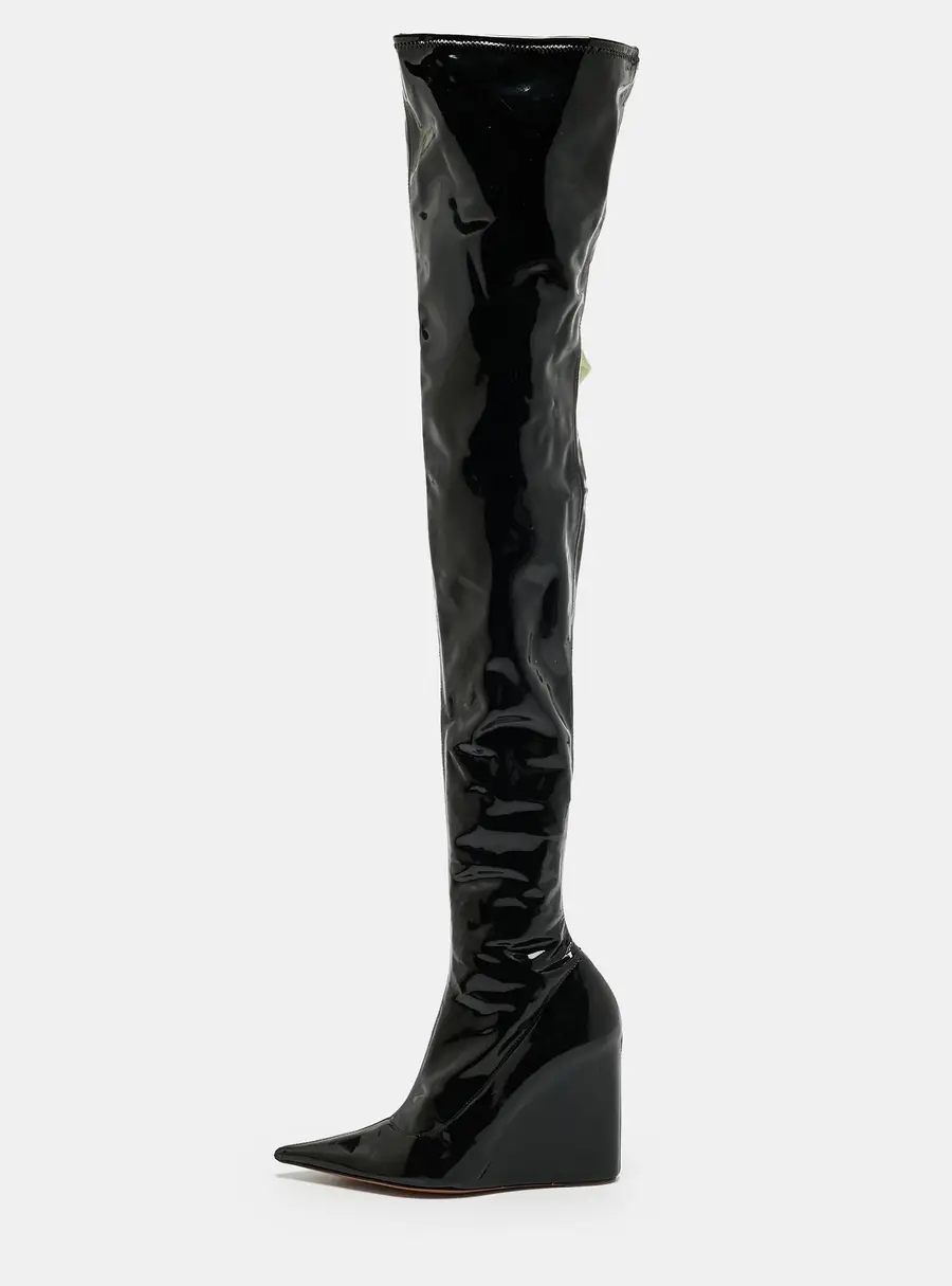 Amina Muaddi Size 38.5 Black PVC Over The Knee Wedge Boots