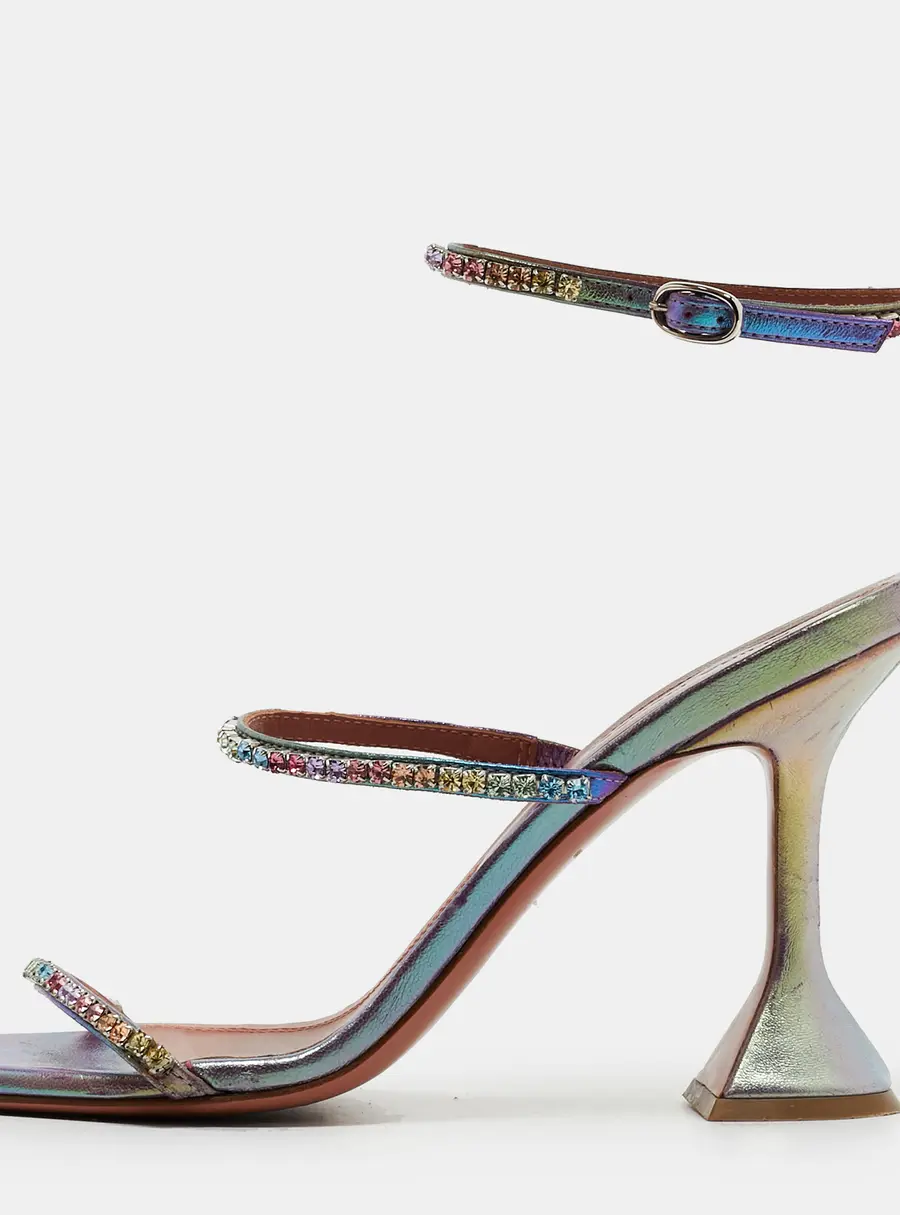 Amina Muaddi Glida Size 37 Purple Leather Crystal Embellished Ankle Wrap Sandals